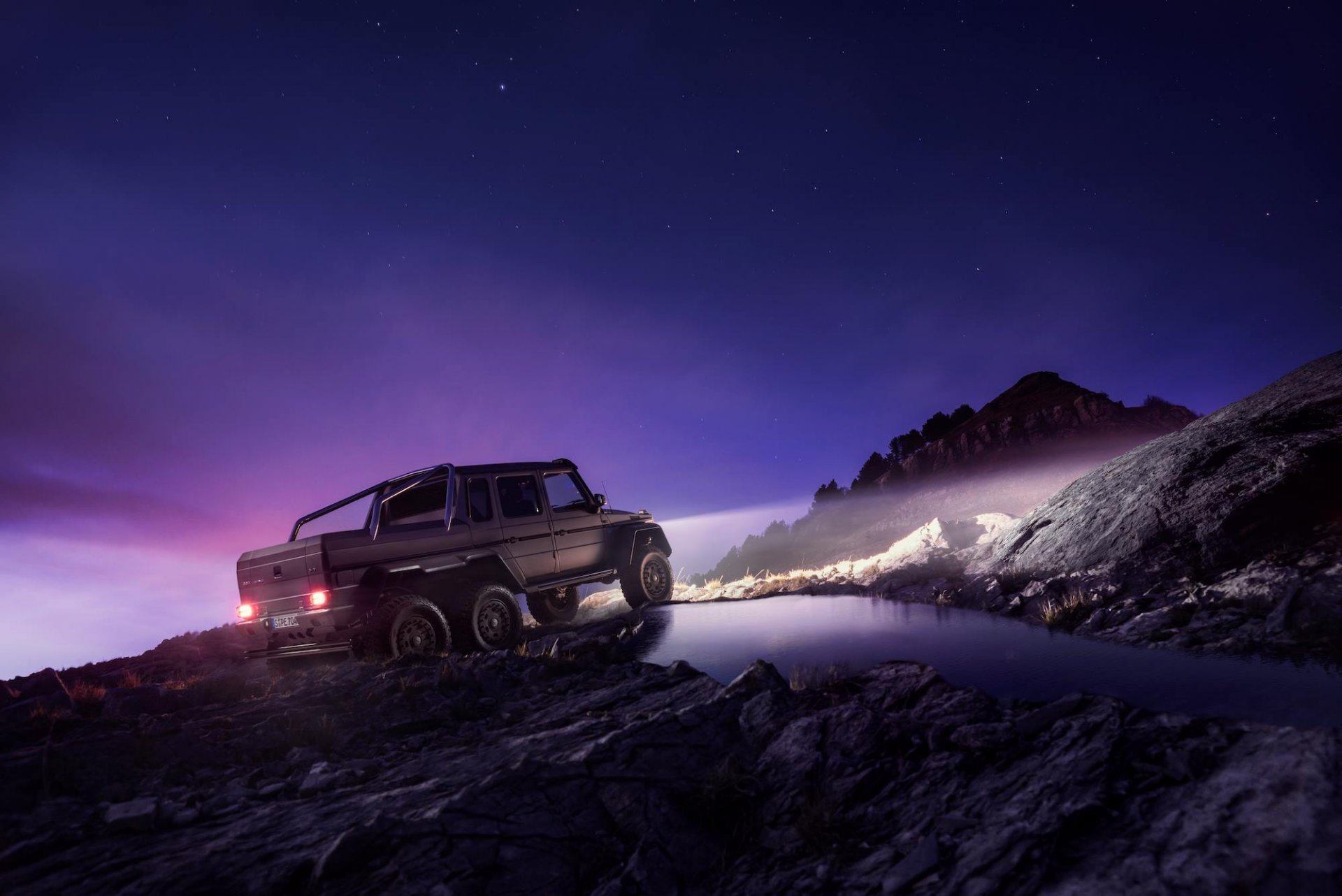 mercedes-benz g63 6x6 amg hinten nigth licht himmel off-road