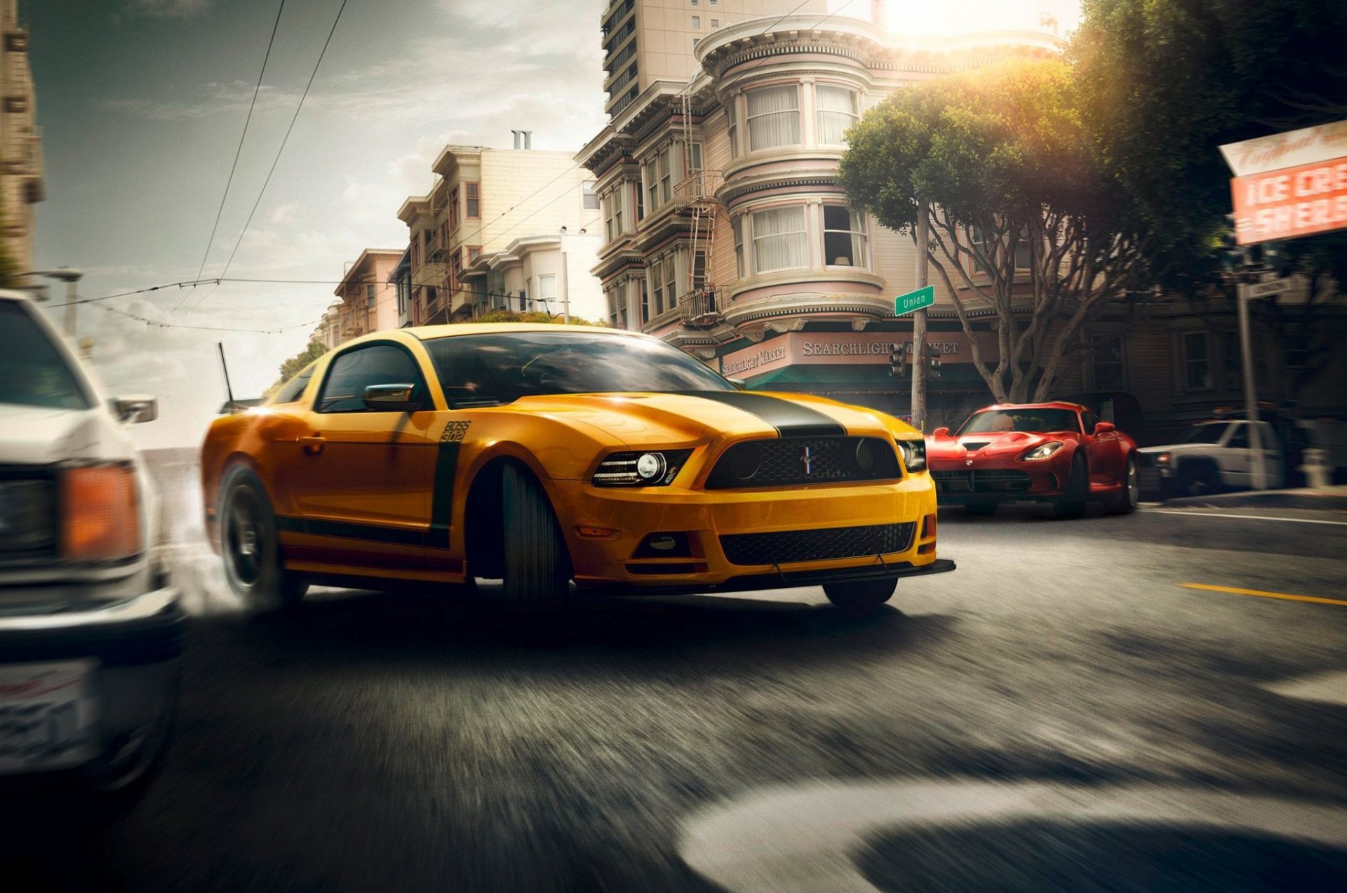 ford mustang jefe esquivar víbora a la deriva amarillo rojo músculo coche calle san francisco sol velocidad frente