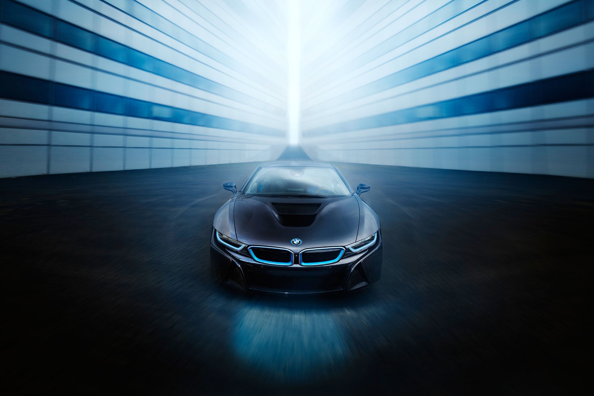 bmw i8 nero anteriore vista blu luce sport auto