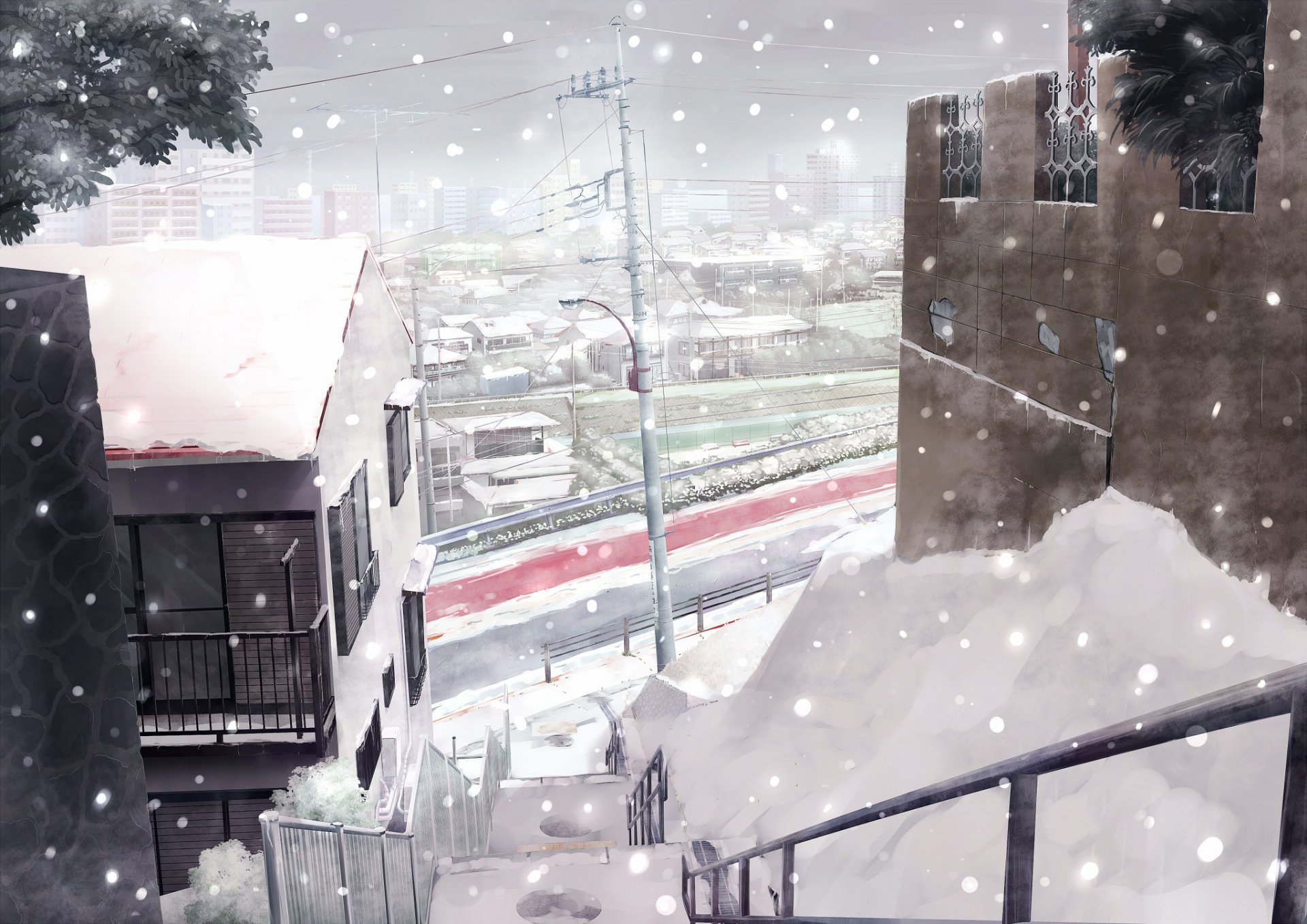 japan winter japan houses-a winter city road stairs snow houses city-a cities-a winter-a snow-a drawing