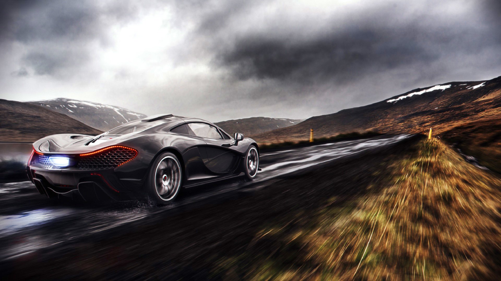 mclaren p1 supercar nero pioggia strada nuvole fuoco scarico posteriore