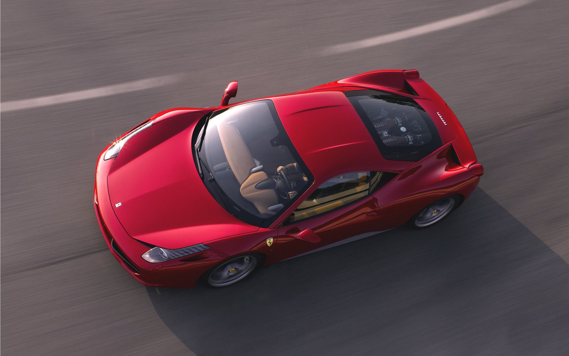 ferrari italia sports car red top view in motion road asphalt machine hood