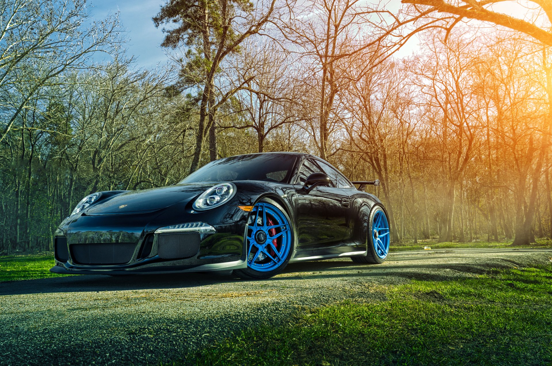 porsche 911 gt3 ruedas personalizado forjado sol hierba frente