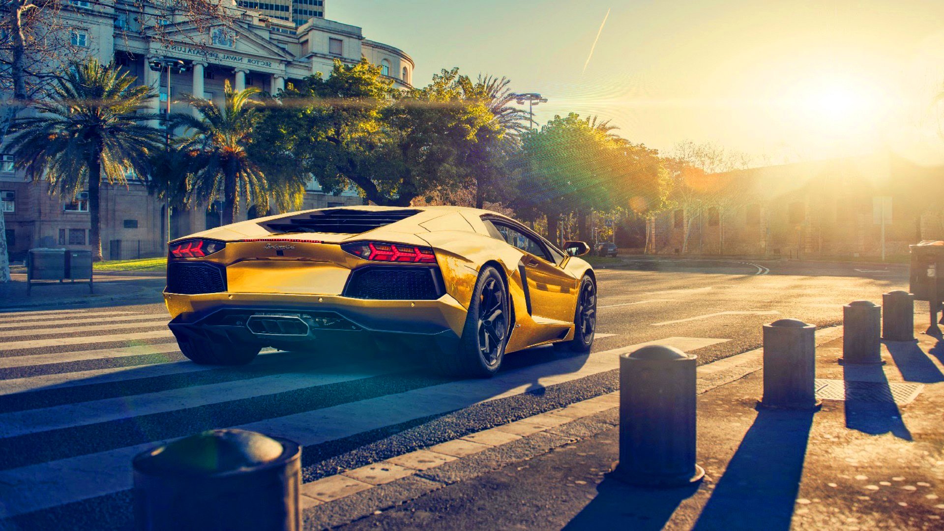 lamborghini aventador lp700-4 gold farbe sonne sonnenuntergang supercar zurück