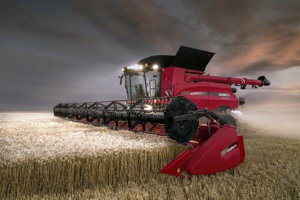 Roter Mähdrescher erntet Ernte im Feld