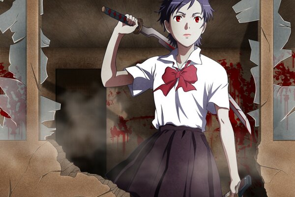 Otonashi Saya with a bloody sword