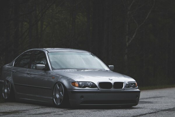 A gray AMD car drives out of a gloomy forest