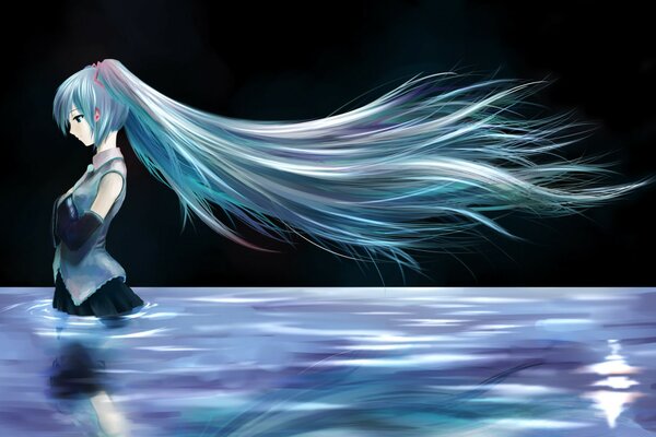 Hatsune Miku ist ein Mädchen mit blauen langen Haaren nachts im See