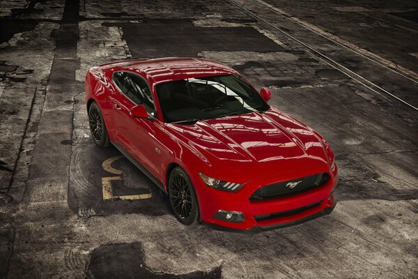 Czerwony Ford Mustang widok z góry