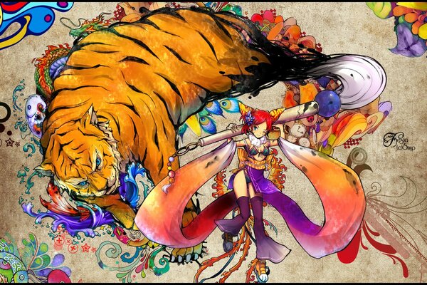 Rysunek dziewczyna i ogromny Tygrys