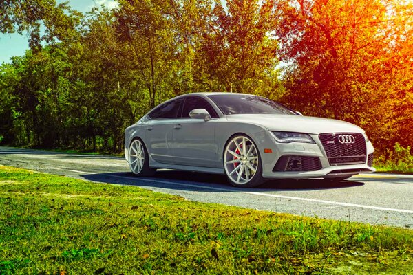 Audi rs7 в лучах солнечного света и зеленой травы