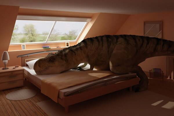 Dinosaure au repos dans la chambre à coucher sur le lit