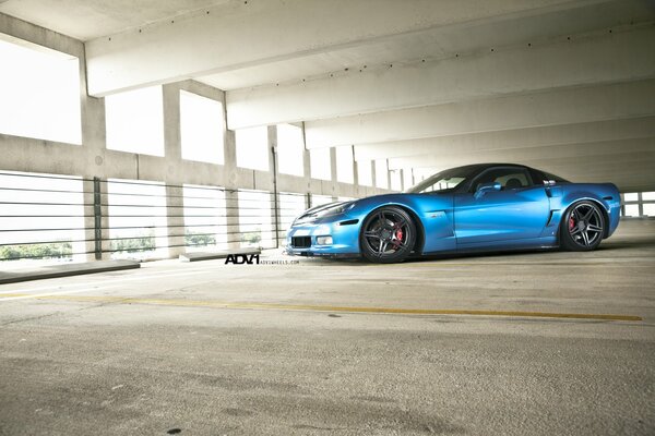 Blue Chevrolet in the underground parking lot