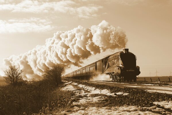 Vintage photo of the train. Vintage photo. The railway in the old days