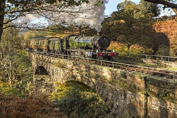 An old steam locomotive on a bridge with beautiful nature