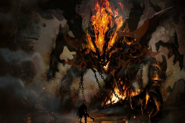 Demon wojownik z łańcuchami i ogniem