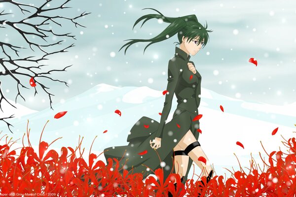 Gray-man, lenalee Lee walks through a flower field, with tears in his eyes