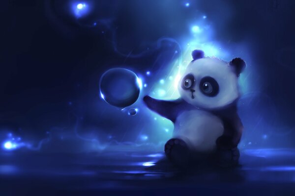 Panda triste en los rayos de luz cósmica