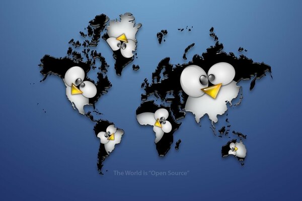 Map of the earth with penguins on a blue background