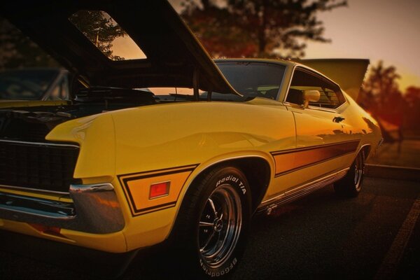 Coche amarillo con capucha abierta y Maletero