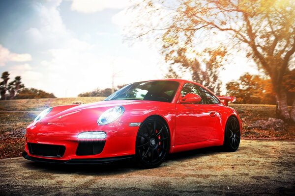 Coche rojo Porsche en la naturaleza