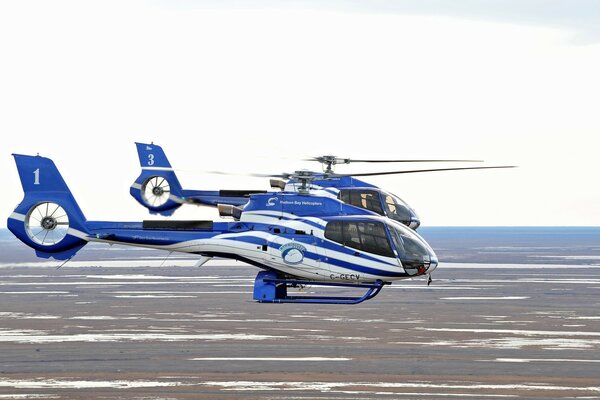 Helicópteros azules vuelan sobre un páramo en Estados Unidos