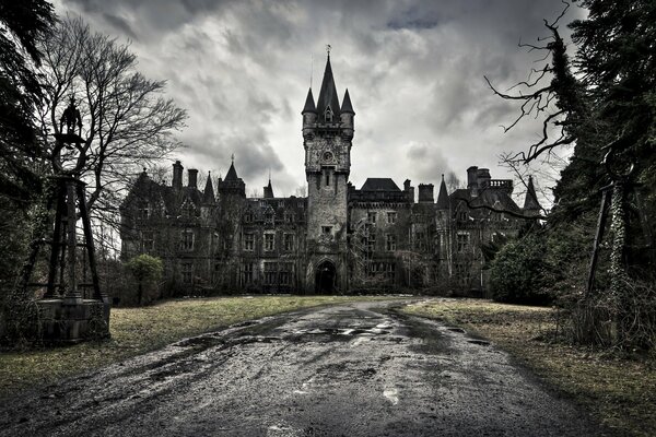 Gloomy and cold castle in rainy weather