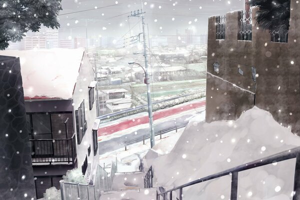 Ciudad de invierno con vistas a las escaleras y nieve voladora
