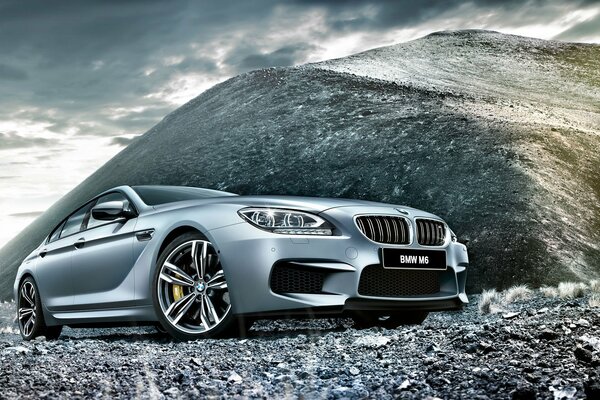 BMW gris argenté sur fond de perches gris argenté
