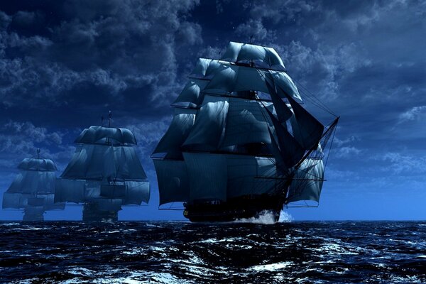 Szyk statków na morzu nocnym. Niebieskie fale i chmury