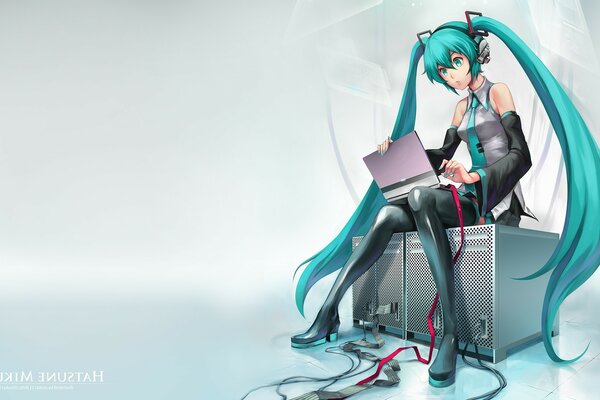 Anime girl with green hair and laptop