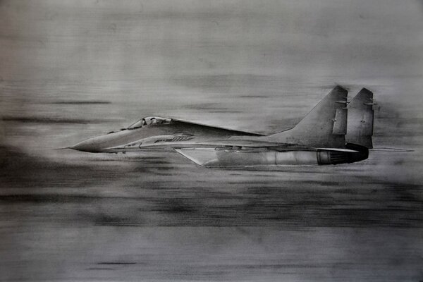 Drawing of a mig-29 fighter flying at speed