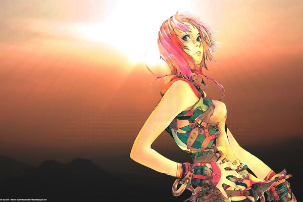 A girl with pink hair on a sunset background