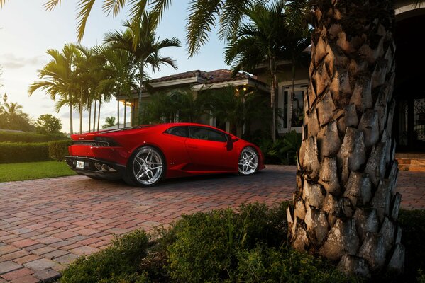 Lamborghini stands in front of a beautiful house