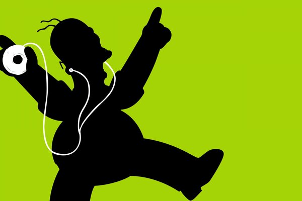 Black drawing of Homer Simpson listening to a donut-shaped iPod on a green background