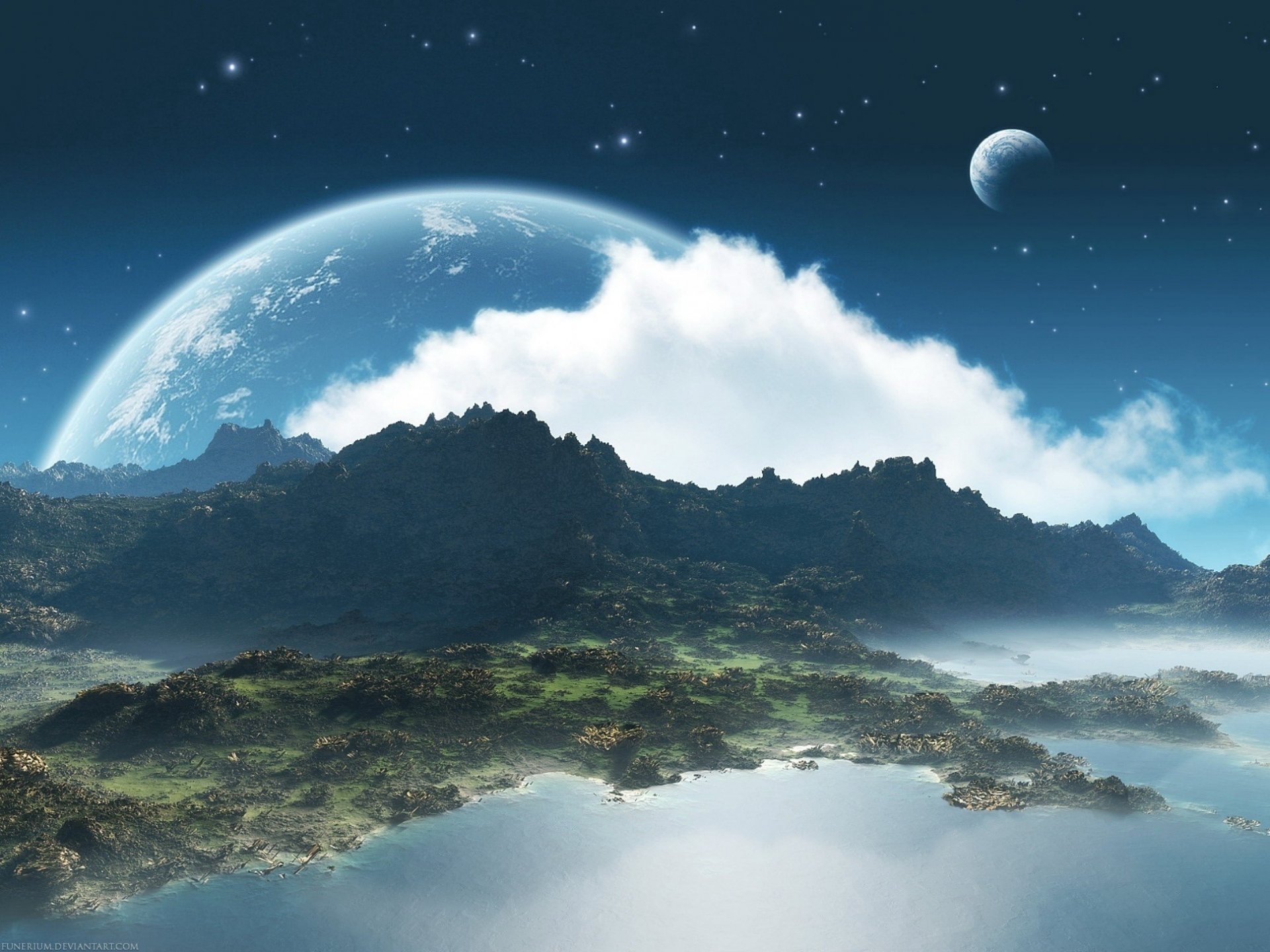 the moon sunset the sky clouds fiction mountains stars planet view the ocean the universe drawings anime