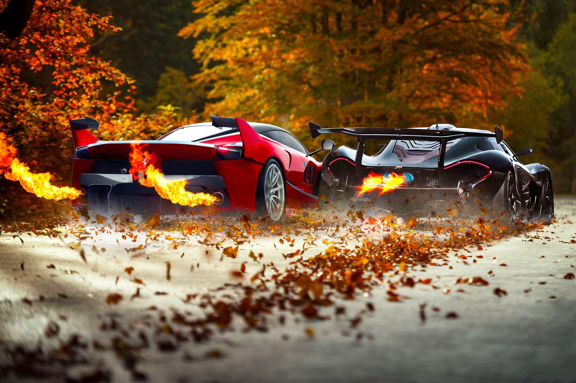 ferrari fxx k mclaren p1 superdeportivos rojo negro follaje escape fuego