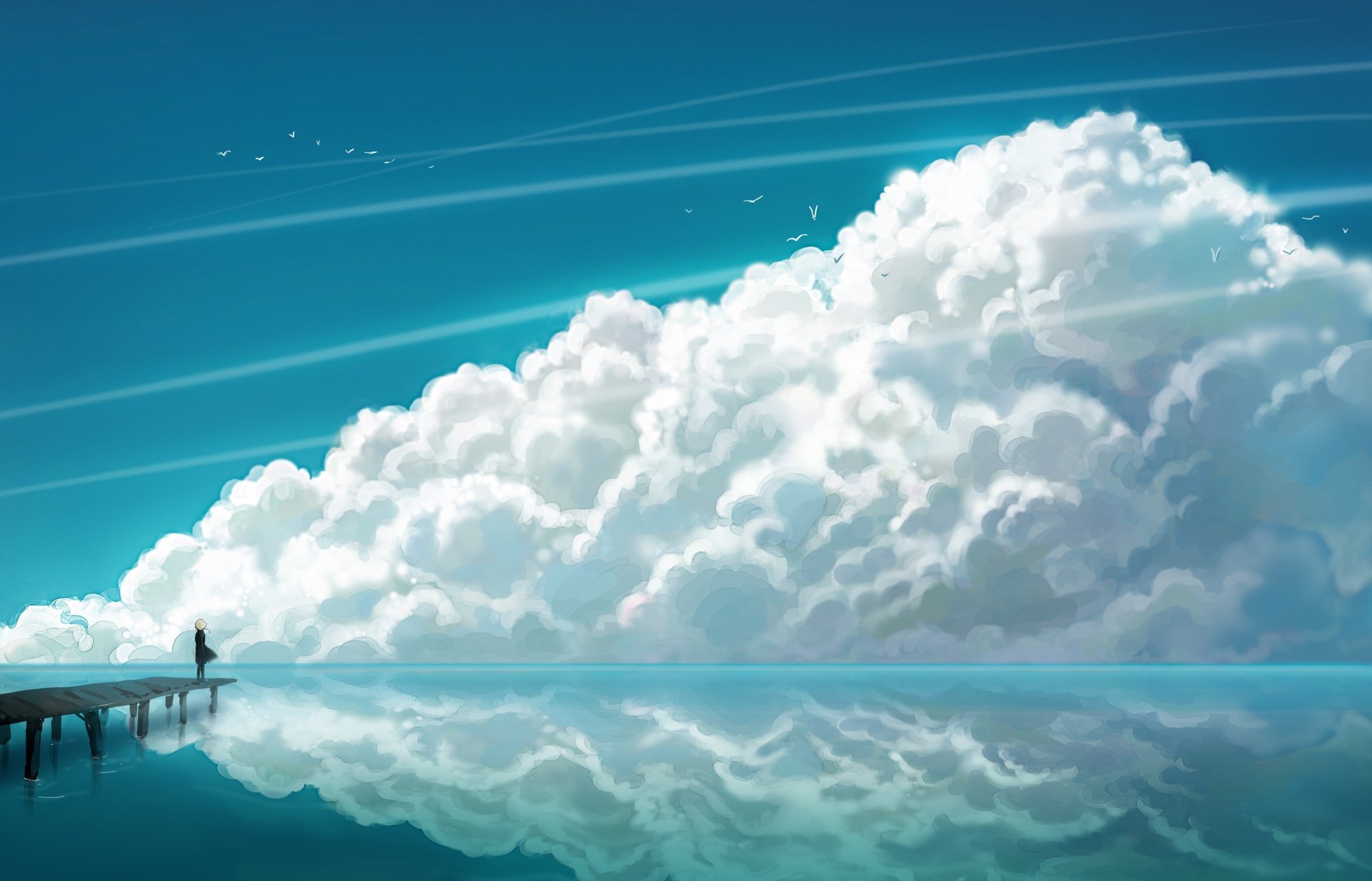 anime liegeplatz reflexion mädchen meer möwen wolken himmel zeichnungen himmel-a wasser-a wolken-a mädchen-a vögel anime mädchen