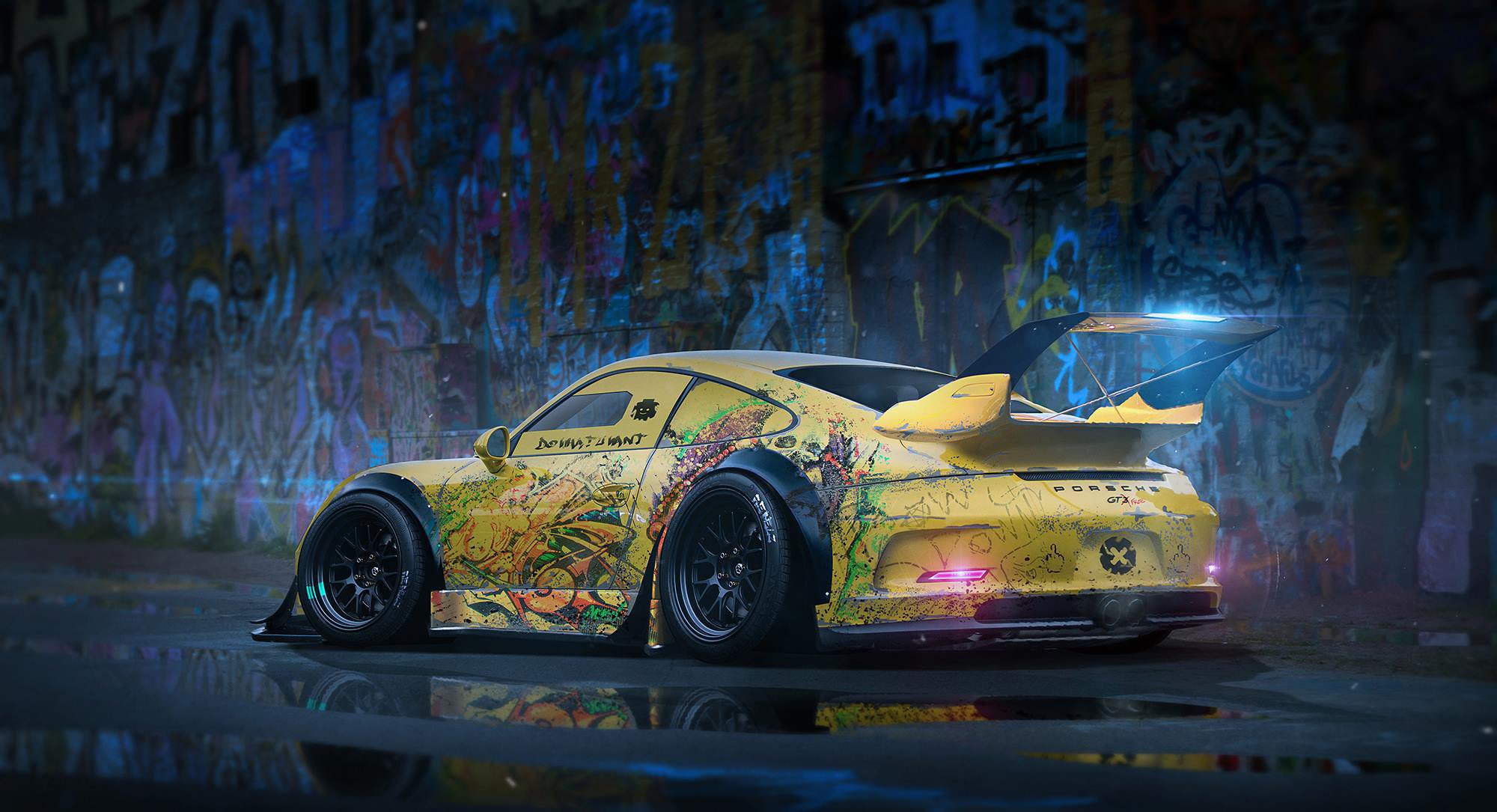 porsche 911 gt3 yellow body kit spoiler rendering by khyzyl saleem