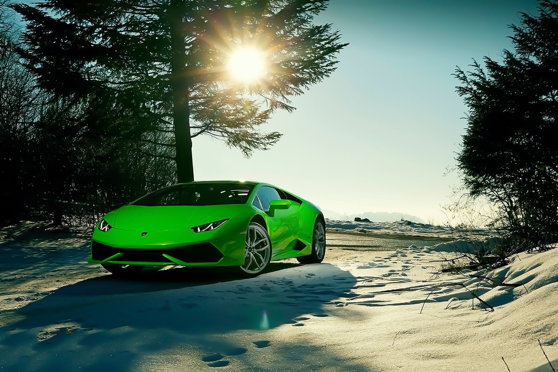 lamborghini huracan lp640-4 2015 zielony kolor śnieg słońce światło niebo supercar piękno przód