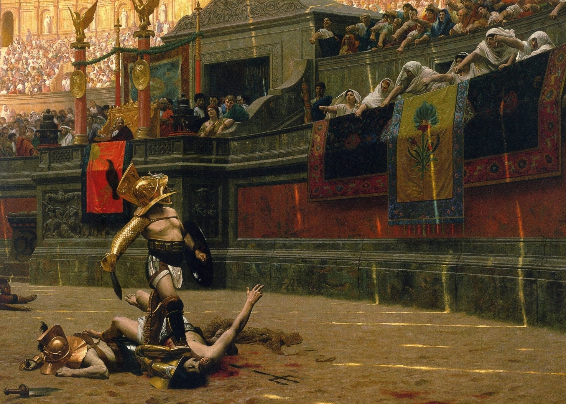 gladiator death or life vida o muerte pan y espectáculo arena pintura coliseo sangre batalla casco imperio roma roma guerrero arena gladiador lucha luchador gente multitud duelo