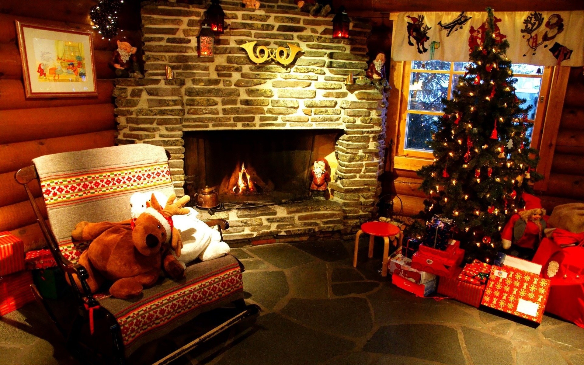 tree katrina room fireplace new year holidays spruce decoration coal fire comfort interior living room gifts wild stone chair stool soft toy picture