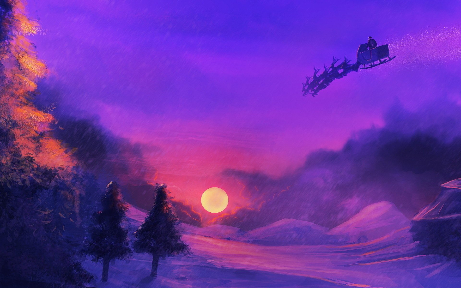 unset tree the sun santa the sky sleigh snow new year santa claus holidays santaclaus the moon