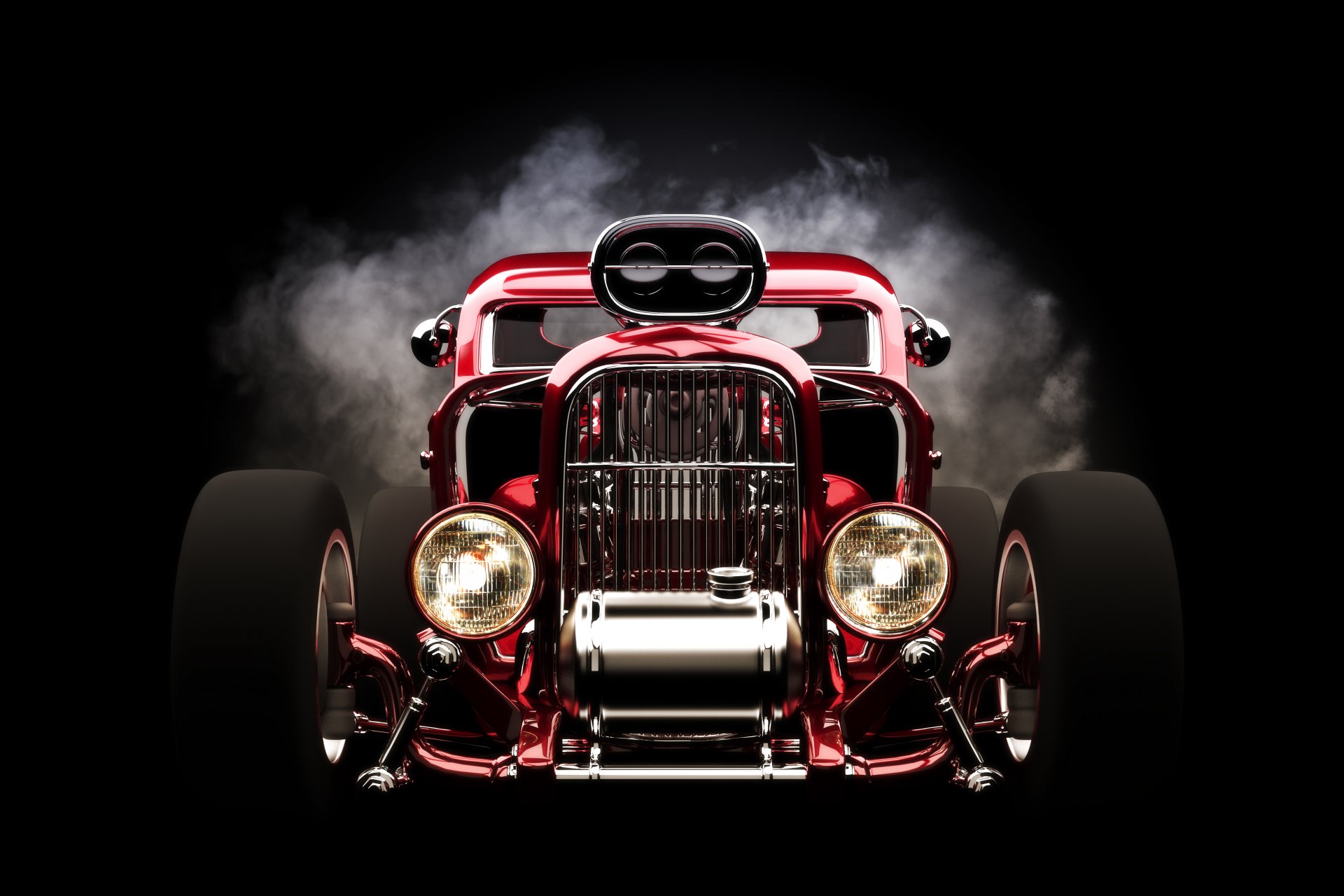 hot rod rouge vue de face roues phares