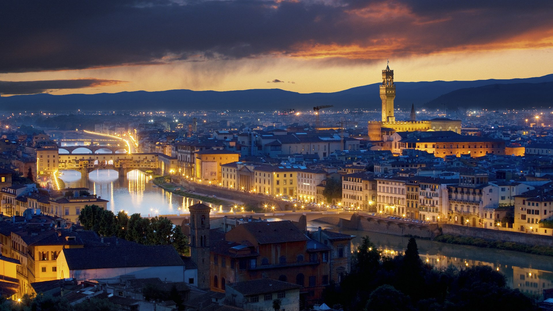 palazzo vecchio palazzo vecchio italy italien florence florenz städte nacht lichter lichter häuser höhe ansicht berge wolken sonnenuntergang nachthimmel lichter der städte brücke stadt gebäude