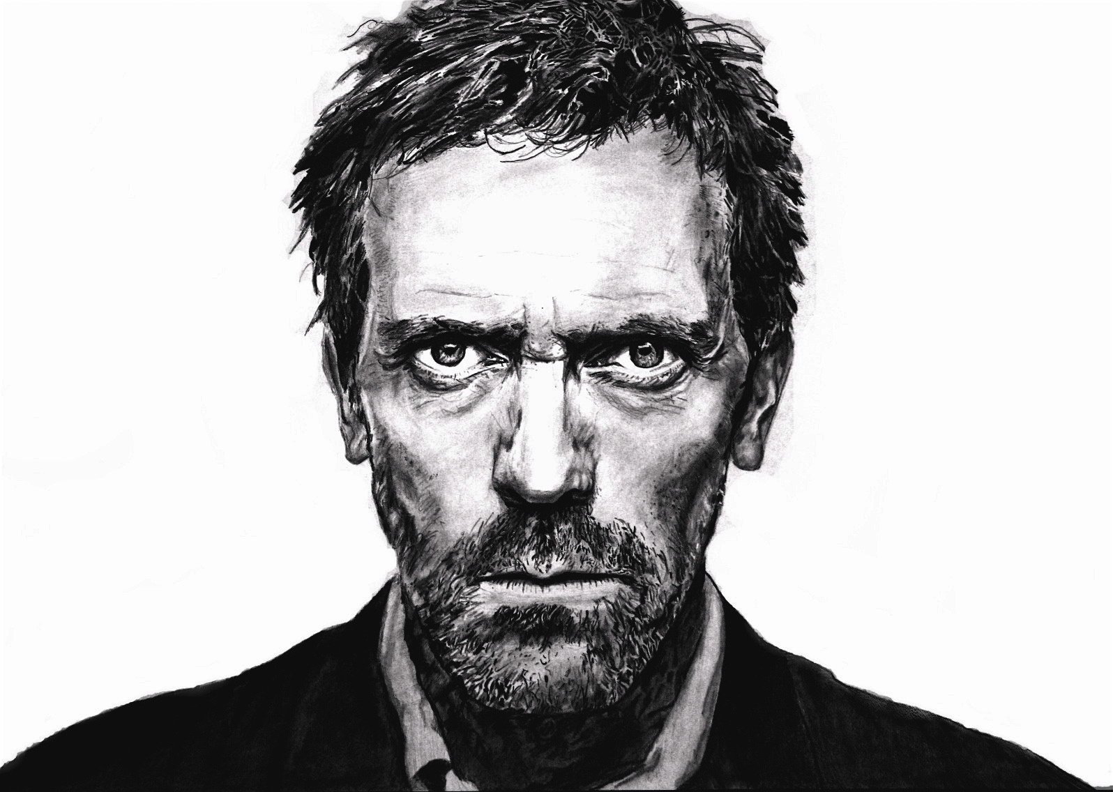 портрет hugh laurie актер доктор хаус рисунок киноактеры взгляд белый фон глаза лицо