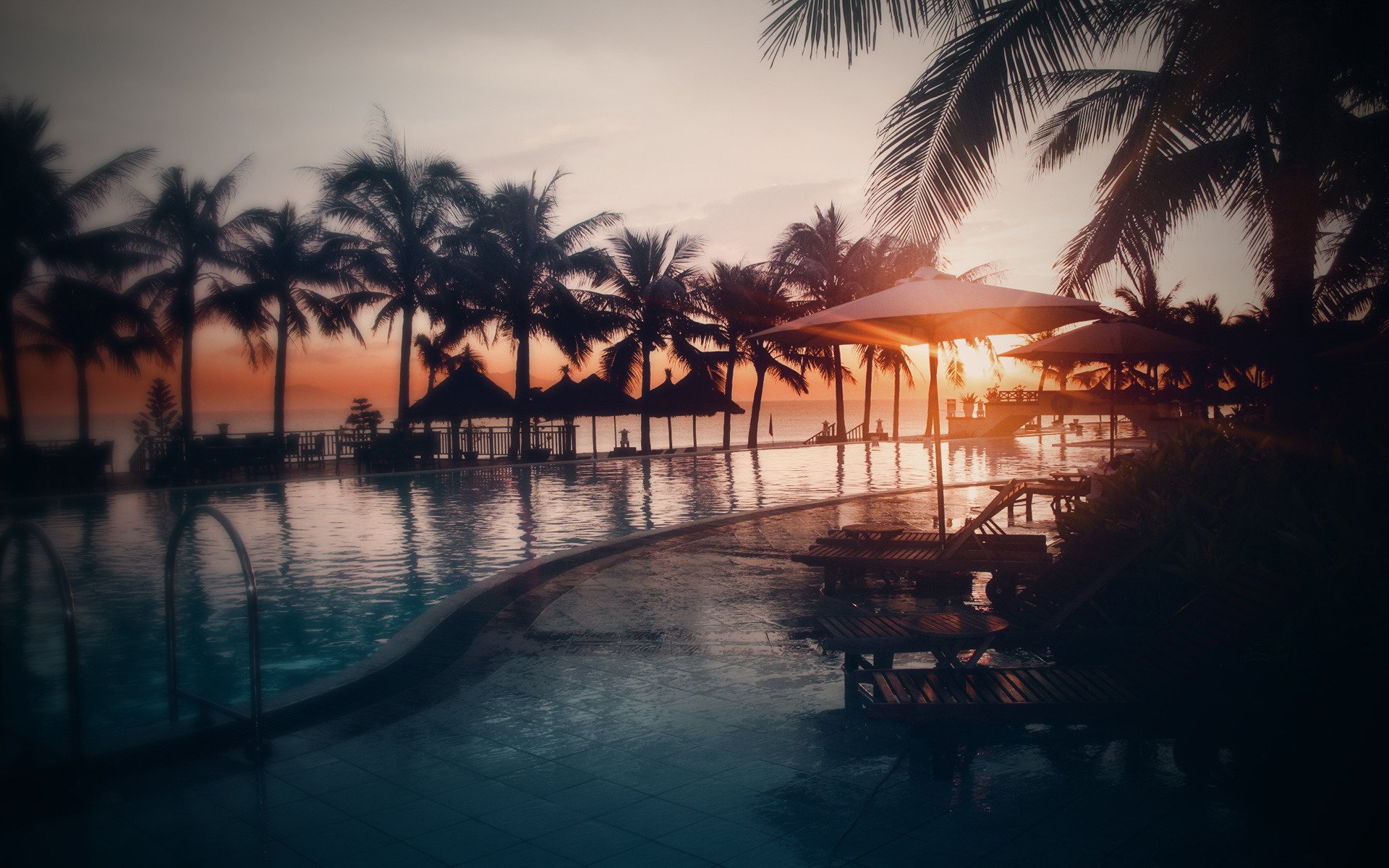 pool the sun water photo sea sunset the sky beach palm trees the rays of the sun the evening stay vacation