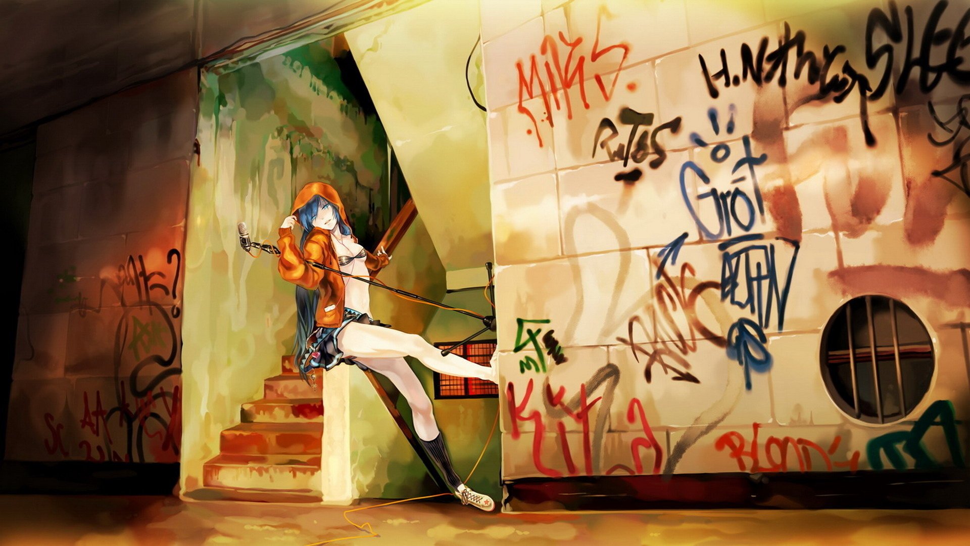 anime graffiti ingresso-a vocaloid parete musica miku microfono disegni ragazze ingresso gradini cappuccio ragazze-a