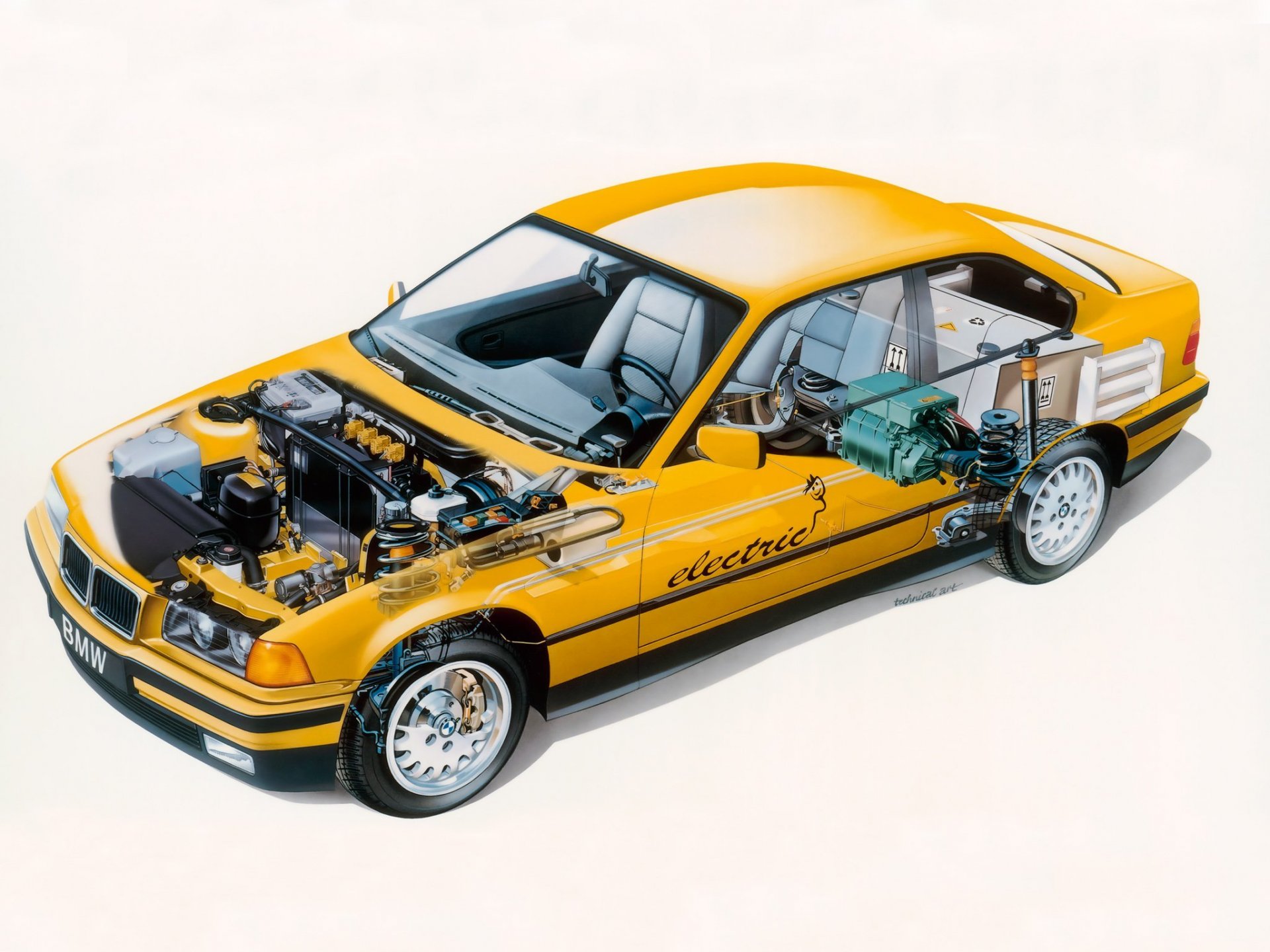 bmw m3 coupé electro antrieb 1995 giallo motore interno sfondo