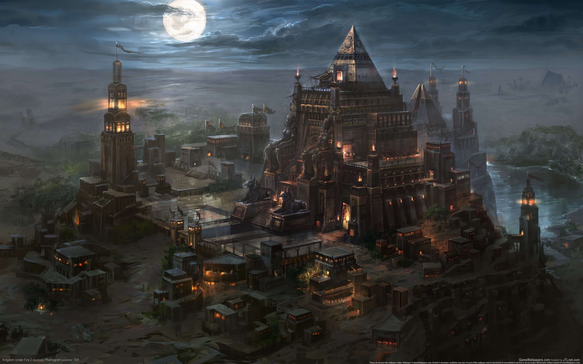 art city night moon desert pyramids mausoleum lighthouse kingdom under fire drawings anime night-a cities-a city lights-a